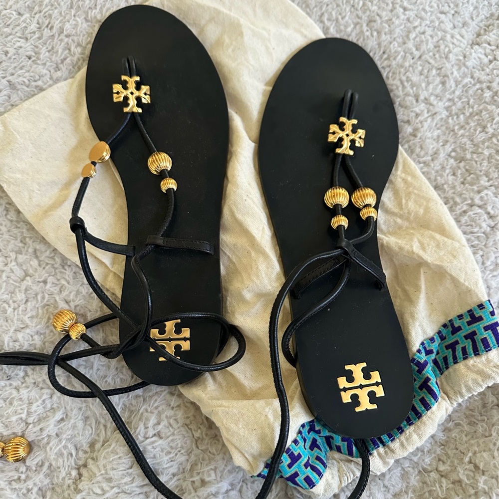 Tory Burch capri lace up Black Sandals with Gold Details